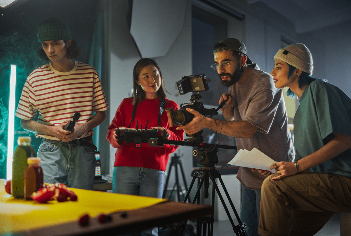 Film crew setting up a scene