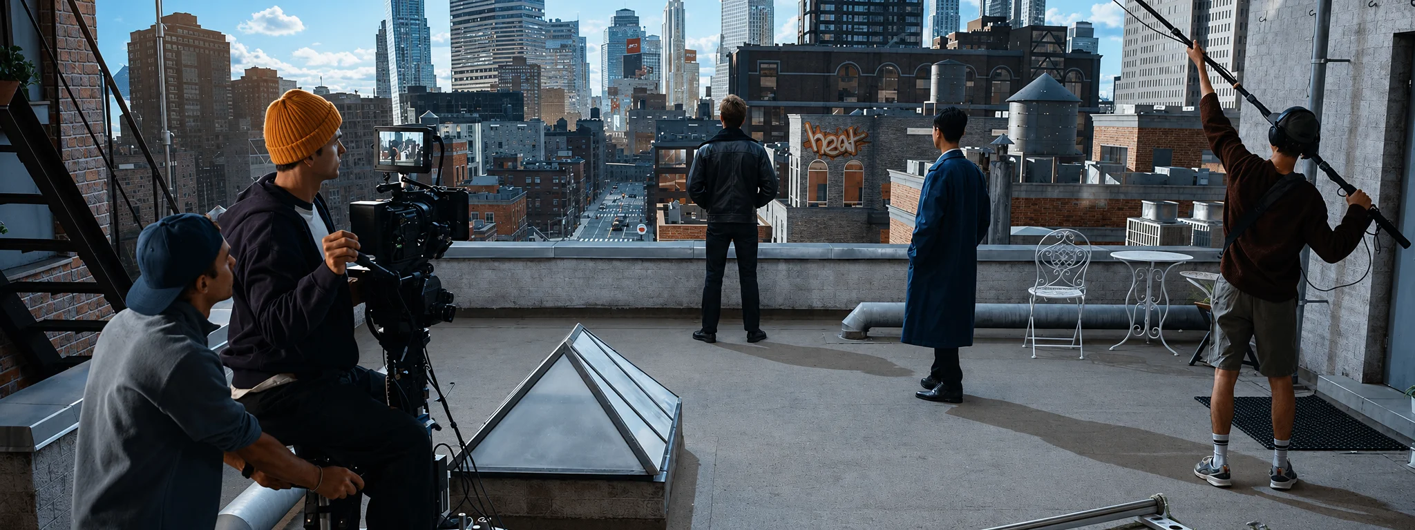Film crew and actors on rooftop set.
