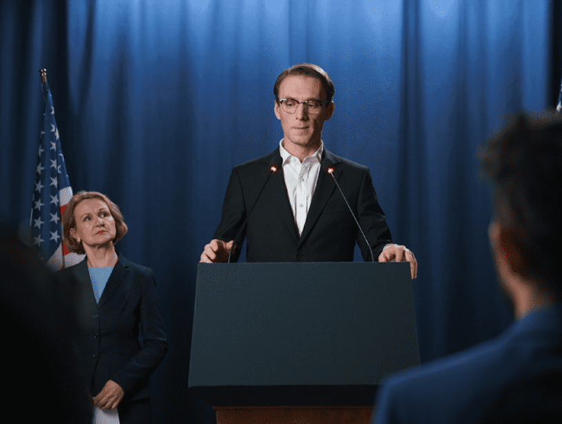 Man speaking at podium with audience listening.